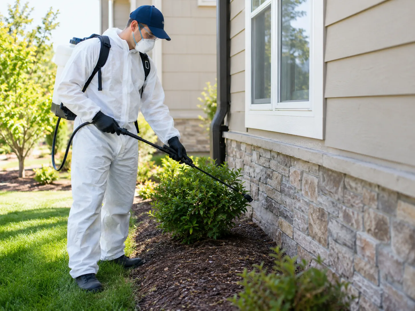 Pest-control worker in protective equipment performing an outdoor treatment